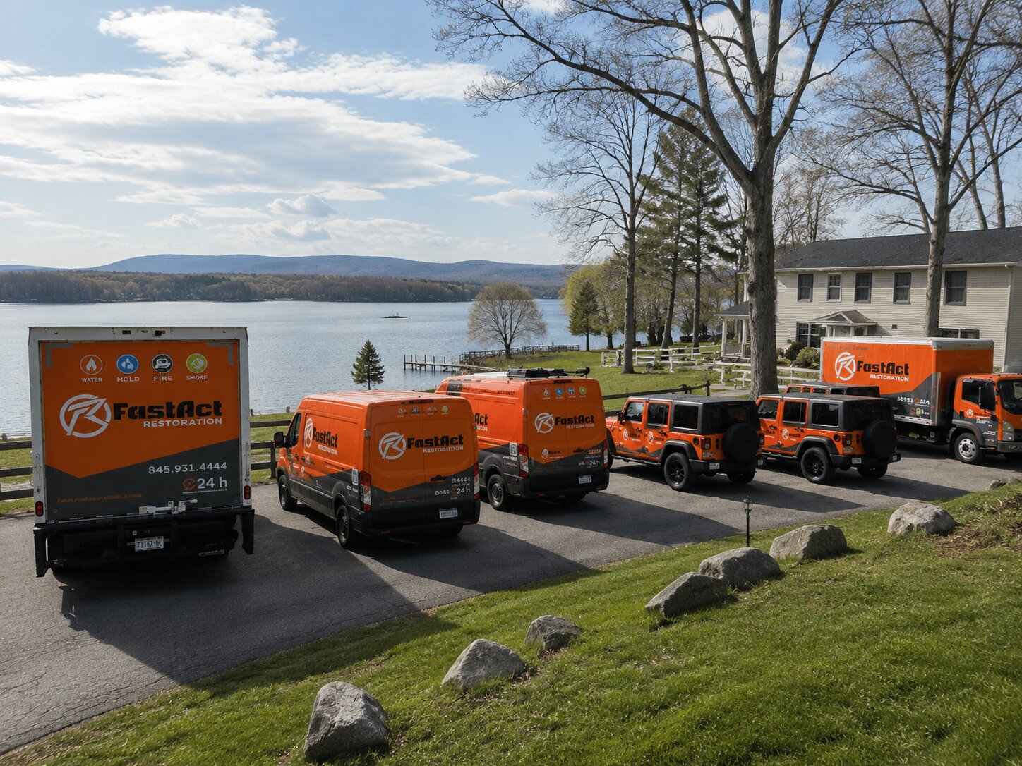 FastAct Restoration trucks parked by the lake